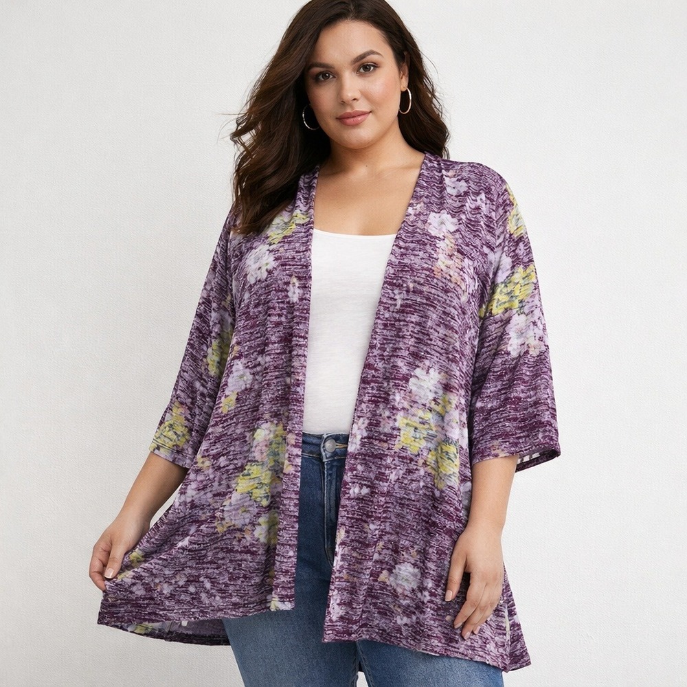 Torrid Cardigan Womens 2 Purple  Floral ‎ Open Front Kimono Boho Cottagecore 2X